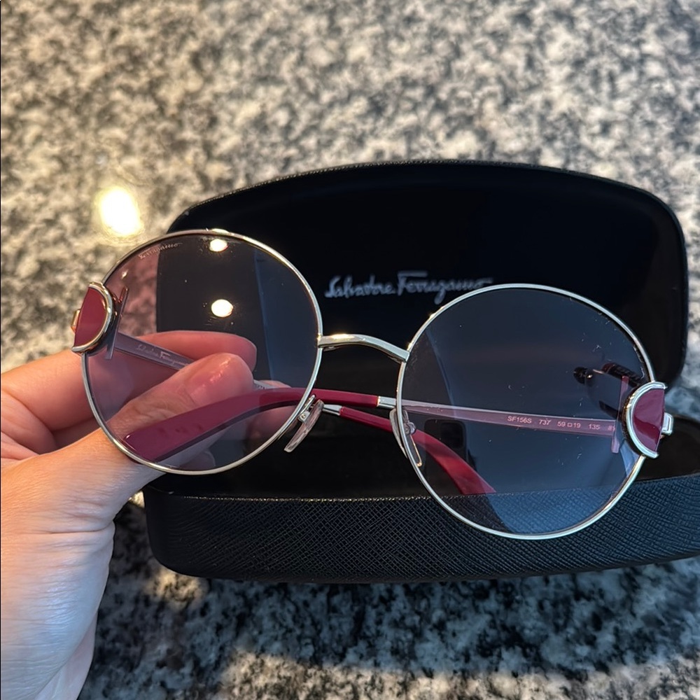 Salvatore Ferragamo Silver and Pink Round Sunglasses